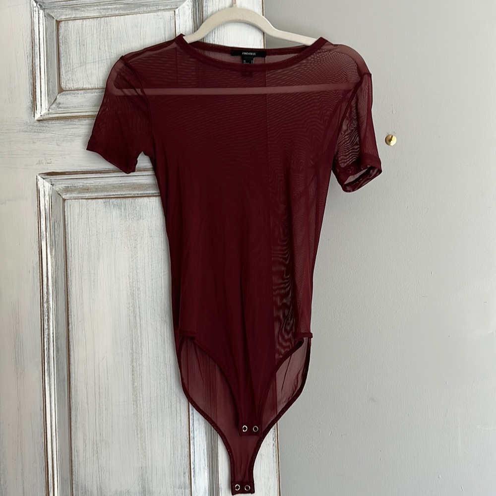 Forever 21 Sheer Maroon Bodysuit